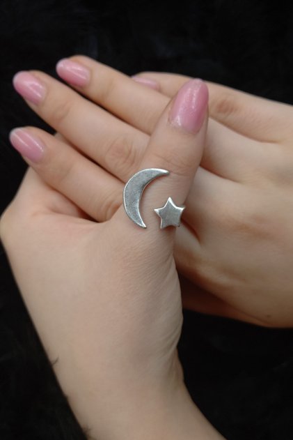 Ay Yıldız Model Antik Eskitme Gümüş Kaplama Ayarlanabilir Yüzük