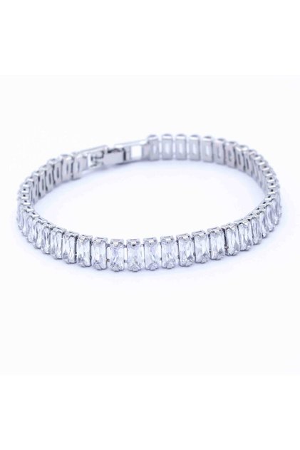 Silver Color Plump Stainless Steel Bracelet with Waterway Baguette Stones (No Fade, No Fade)