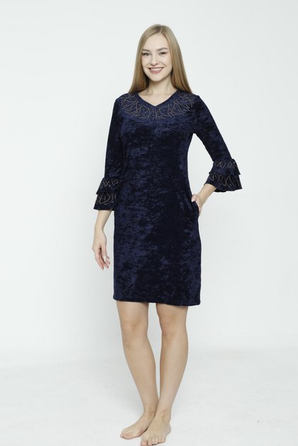 navy blue v-neck stone detail balloon sleeve velvet dress