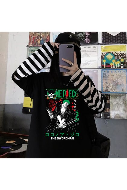 Harajuku Anime One Piece Fake Sleeves Unisex Fake Sleeve Black T-Shirt
