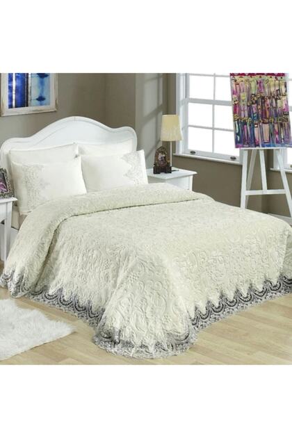 Cream Double French Laced Pearl Stone Embroidered Dowry Blanket Set