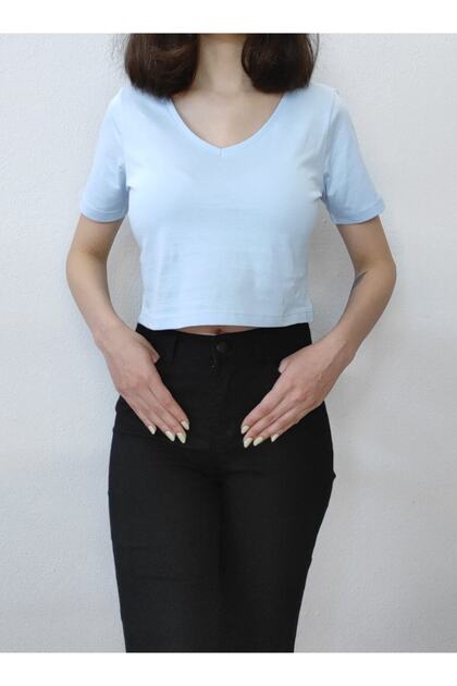 Women's Blue Crop V-Neck Cotton T-shirt