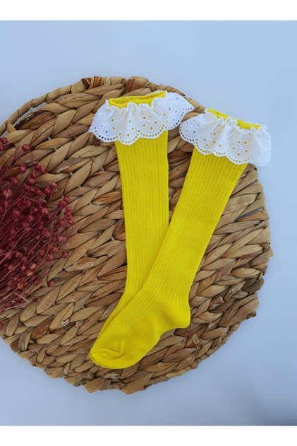 Yellow Scalloped Below Knee Baby Kids Socks