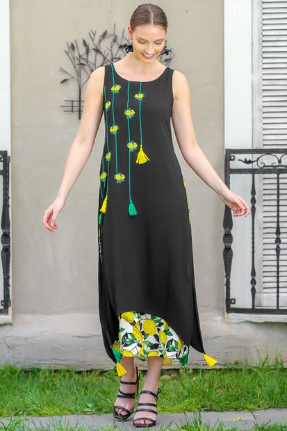 Chiccy Kadın Siyah Limon Nakışlı İki Katlı Limon Desenli Dokuma Maxi Elbise M10160000EL95040 - 3