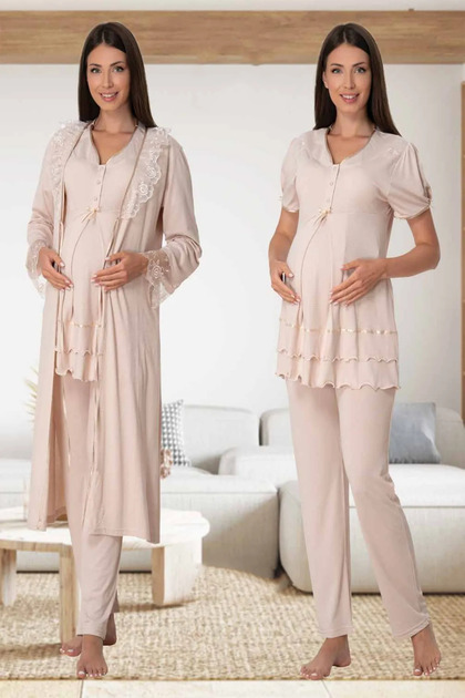 Women's Mink Design Princess Sleeved Cotton Maternity Maternity Dressing Gown Pajama Set