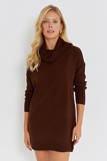 Cool & Sexy Women's Brown Ruffle Collar Knitwear Mini Dress YV73- Trendyol Cool & Sexy Women's Brown Ruffle Collar Knitwear Mini Dress YV73- Trendyol