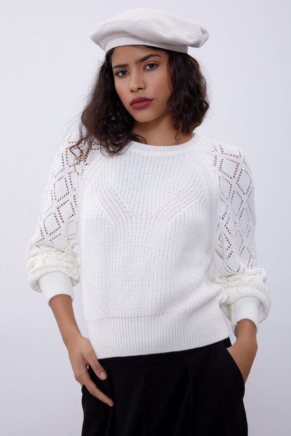 Ecru Openwork Balloon Sleeve Knitwear Sweater Swk4258ek