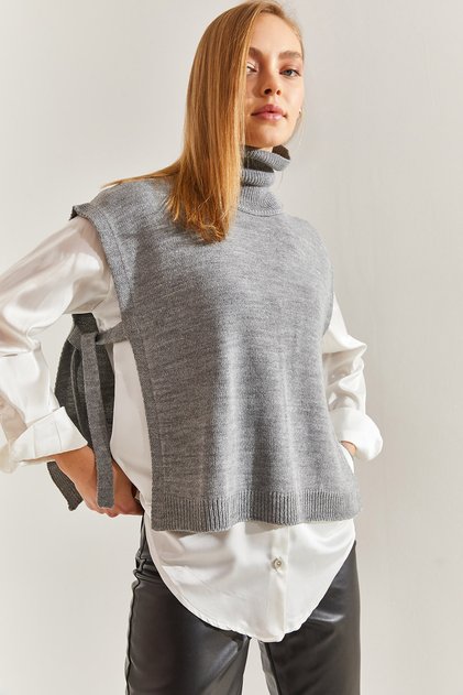 Women's Gray Turtleneck Belted Knitwear Sweater Stk0016