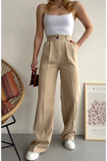 Buttoned BEIGE High Waist Fabric Trousers