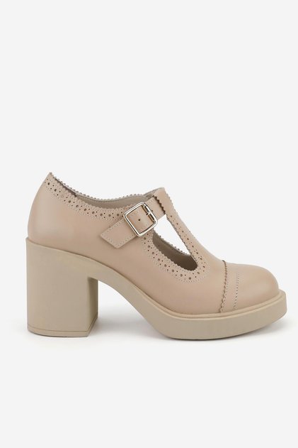 WOMEN'S BEIGE GENUINE NATURAL LEATHER STRAP THICK HEEL SHOES