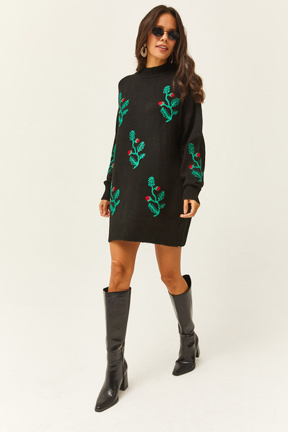 Rochie tunică pentru femei, neagră, florală, cu textura moale, tricotaje ELB-19002003