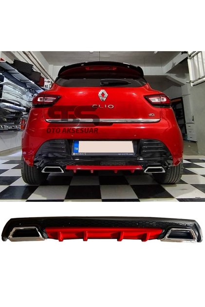 Renault Clio 4 Difüzör Arka Tampon Eki 2 Egzoz Çıkışlı Kırmızı Lüx Tip)