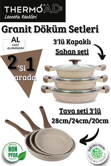 2'si 1'arada Set Aluminium Döküm Vizon 3'lü Sahan Seti ve 3'lü Tava Seti
