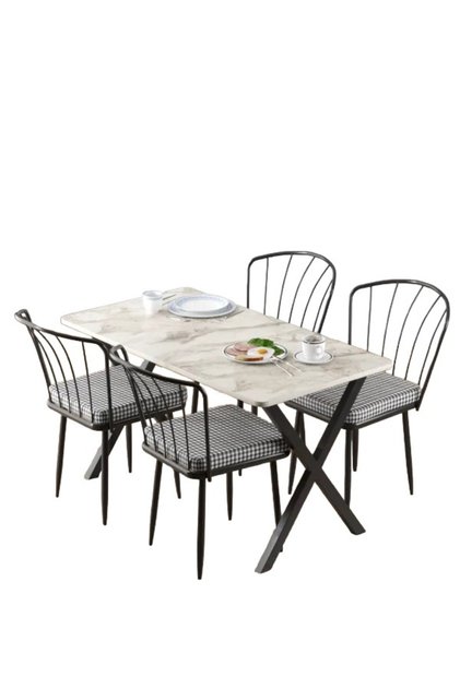 Mutfak Masa Takımı 60x120cm Yemek Masası X Metal Ayaklı Masa Seti 4 Güneş Sandalye Kumaş