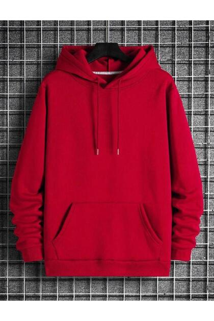 KIRMIZI Kapüşonlu Baskısız Düz Sweatshirt Hoodie