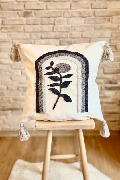Punch Embroidered Single Decorative Special Design Gray Throw Pillow Cover (panch)