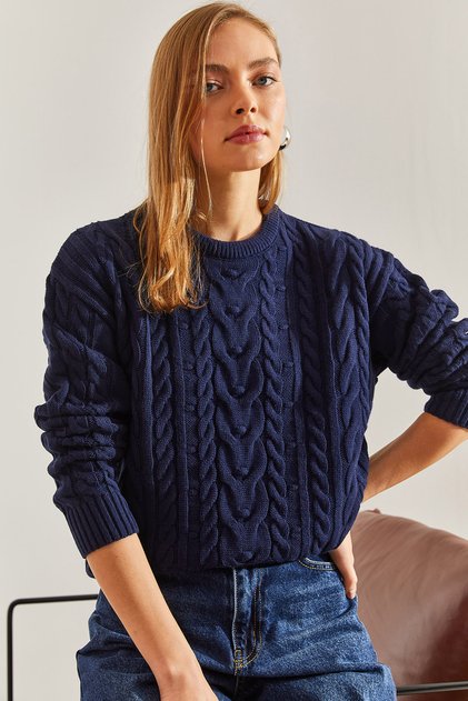 Women's Navy Blue Patterned Knitwear Sweater 20234505