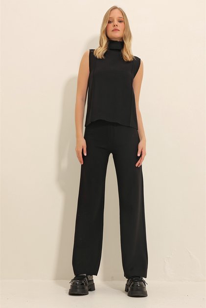Women's Black Turtleneck Front Stitched Thessaloniki Knitted Knitwear Trousers Sweater Suit ALC-X11302