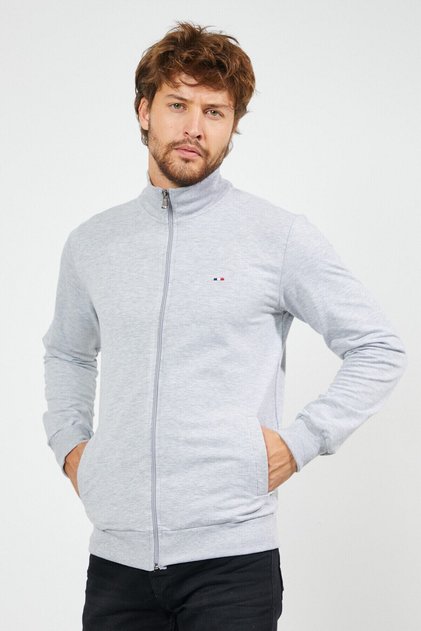 Men's Gray Regular Fit Zippered Embroidery Detailed Pocket Cardigan