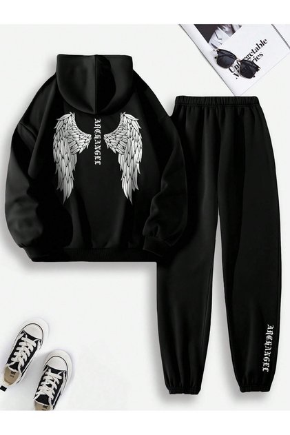 Set de trening de iarnă Angel Wing Combinație Top și Pantaloni - Hanorac supradimensionat cu imprimeu negru și tiv elastic