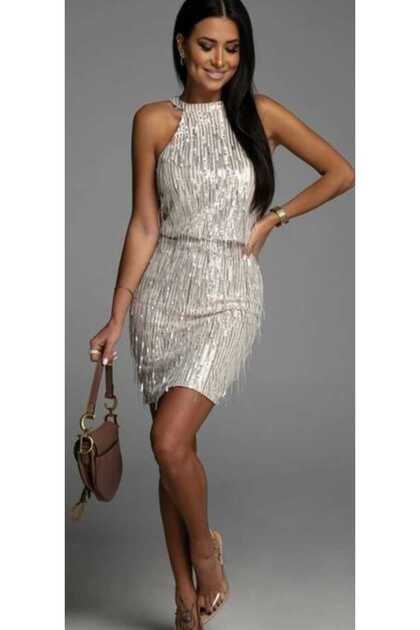 hilaltrendd halter neckline fringe sequins paillette mini dress- Trendyol