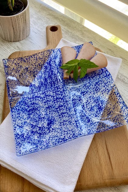 Divi Mavi Desenli Bölmeli Cam Şarküteri Tabağı - 23 Cm