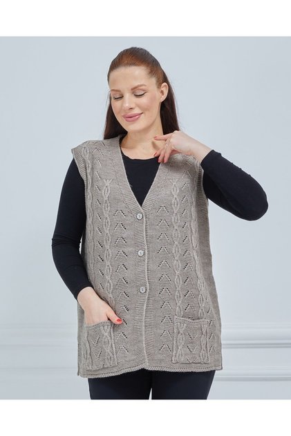 Women's V-Neck Chain Knitted Pocket Wool Mother Knitwear Vest