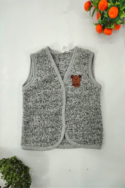 Gray Teddy Bear Front Snap Plush Baby Vest Unisex