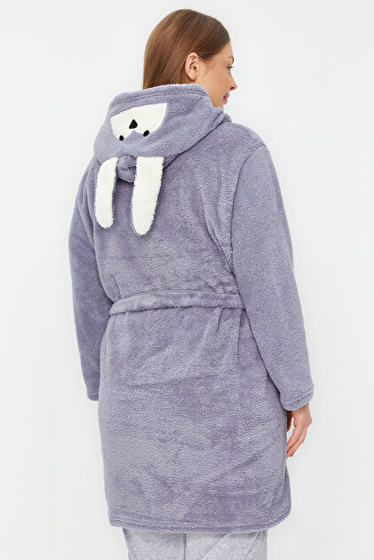 Trendyol Curve Gray Wellsoft/Plush Animal Figured Pocket Hooded Knitted Dressing  Gown Tbbaw24Sb00013- Trendyol