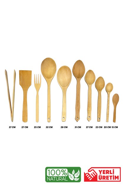 10 Parça Yağlı Kayın Ahşap Kaşık -Tahta kaşık Spatula Servis Kepçe Maşa- Seti