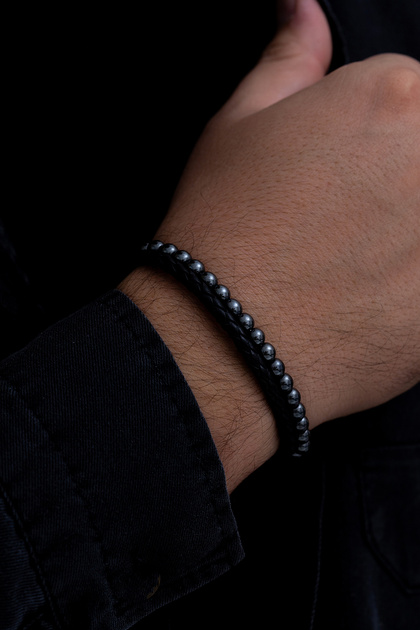 Natural Stone Hematite Leather Bracelet