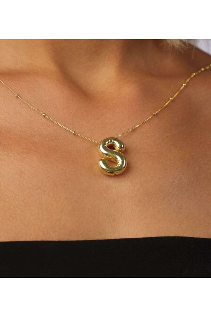 Gold Steel Bubble Letter Necklace with Letter S