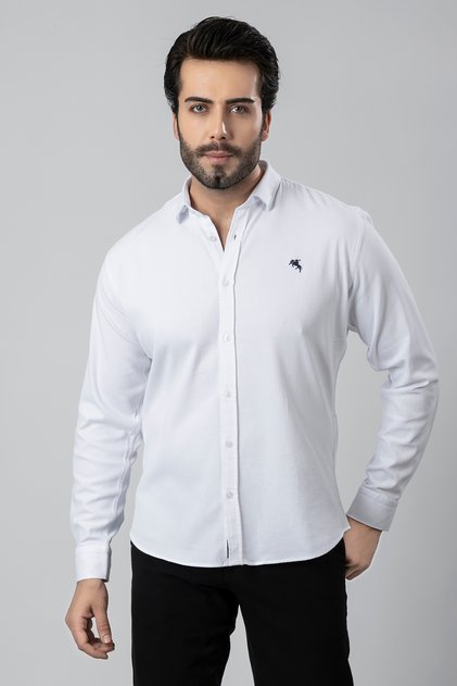 Men's Shirt Slimfit Lycra Fabric Long Sleeve PA-180 White Color Navy Blue Logo