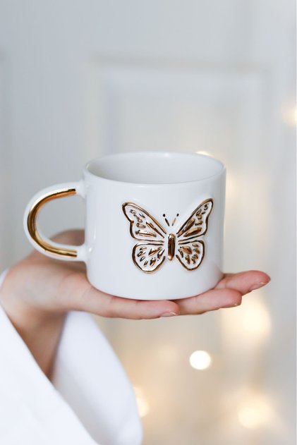 Handmade Butterfly Ceramic Mug with 24k Real Gold Decoration