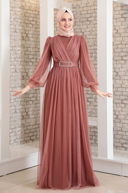 Women's Pink Belt Jewelled Tulle Detail Evening Dress Fsc2020