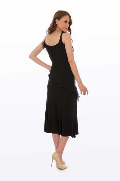Bosca Kadın Siyah Askılı İpek Şifon Fırfır Detaylı Salaş Görünümlü Yan Yırtmaçlı Uzun Elbise - 4