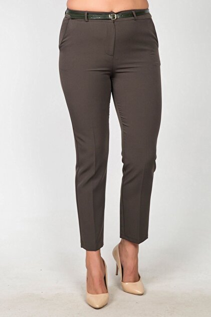 Womenice Kadın Kahverengi Yüksek Bel Klasik Kumaş Büyük Beden Pantolon - 1
