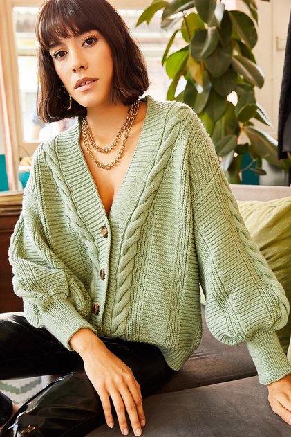 Women's Mint Green Thick Hair Braided Knitwear Cardigan HRK-19000082