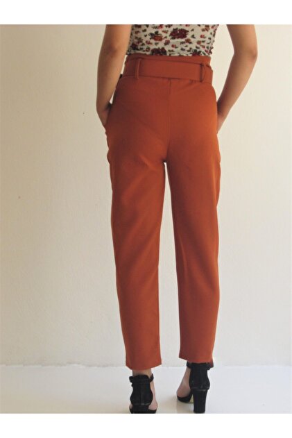 Zirve Kadın Kiremit Yüksek Bel Kaplama Kemerli Havuç Kumaş Pantolon - 2