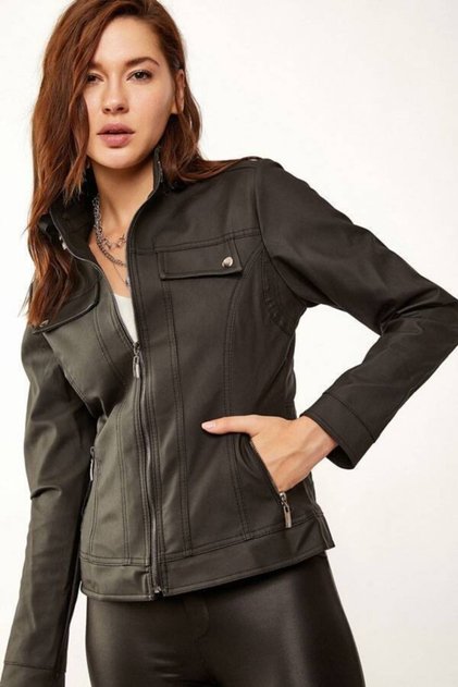Women's Black Judge Collar Leather Coat