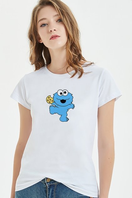 Cookie Monster Elmo Small Printed White Women's Knitted Tshirt T-shirt T-Shirt T Shirt