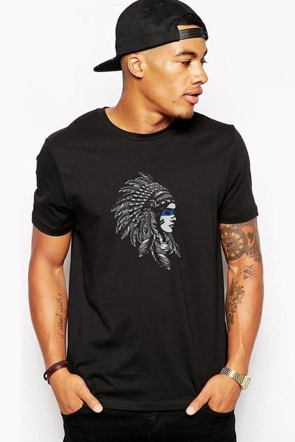 Boys Black Native American Girl Blue Stripe Printed Knitted T-Shirt