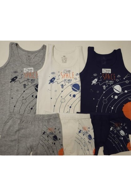 Boy's Cotton Space Printed Undershirt Boxer Set 3-Piece (Age 7-8)