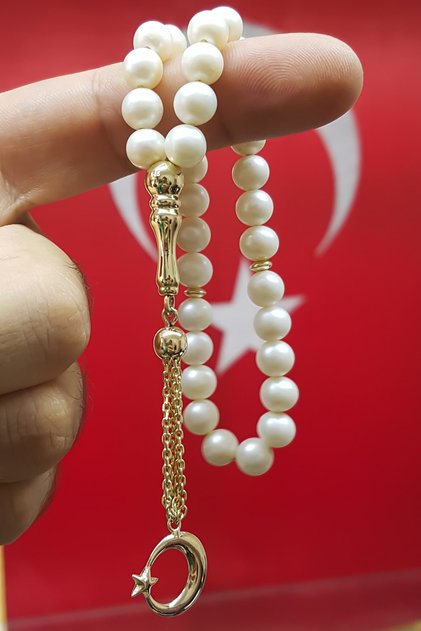 Altın Kaplama Gümüş Aksesuarlı Ayyıldızlı Doğal Inci Tesbih