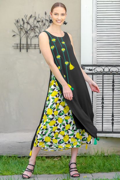 Chiccy Kadın Siyah Limon Nakışlı İki Katlı Limon Desenli Dokuma Maxi Elbise M10160000EL95040 - 2