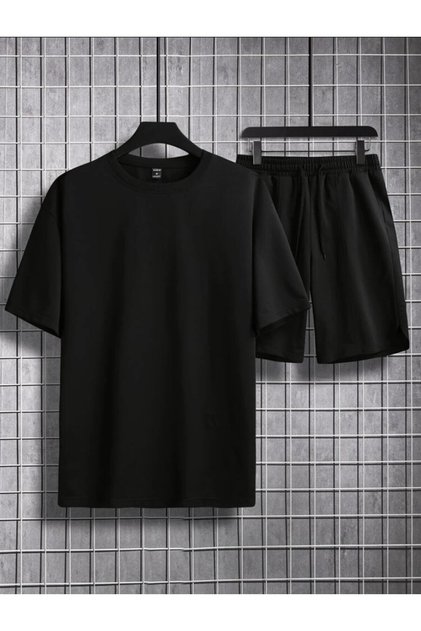 Unisex Black Printed Bottom Top Shorts T-shirt Set