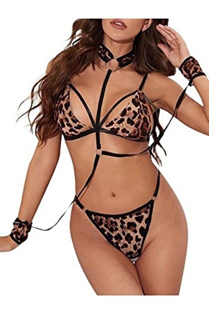 Didolim Women's Leopard Print Clamp Detailed Sexy Lingerie Set New Model  Cat Handcuff- Trendyol