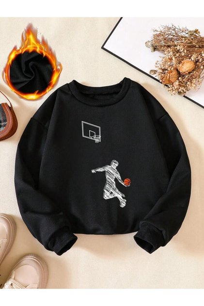 Boy's Black Basketball Dunk Printed Crew Neck Sweatshirt
