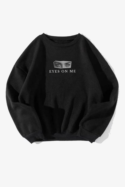 Eyes On Me Sweatshirt - Black Printed Oversize Thick Winter Crew Neck