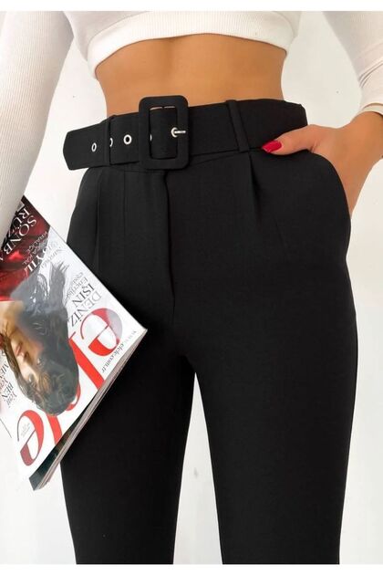 Pantaloni din material textil cu curea, negri
